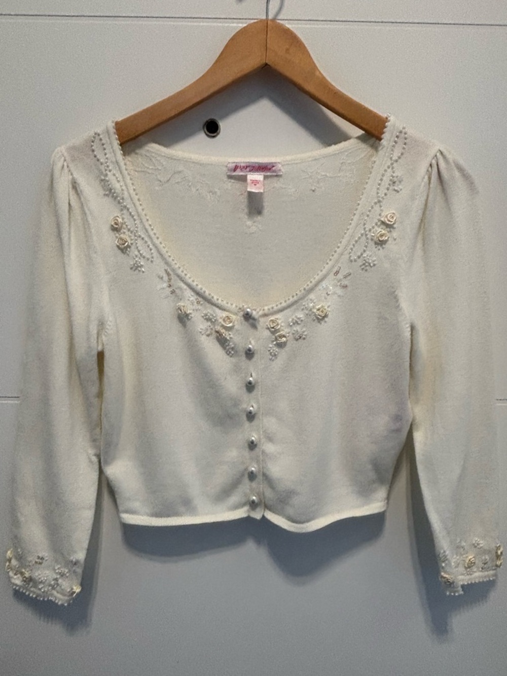 Betsey Johnson Cream Embroidered Button-Front Cardigan